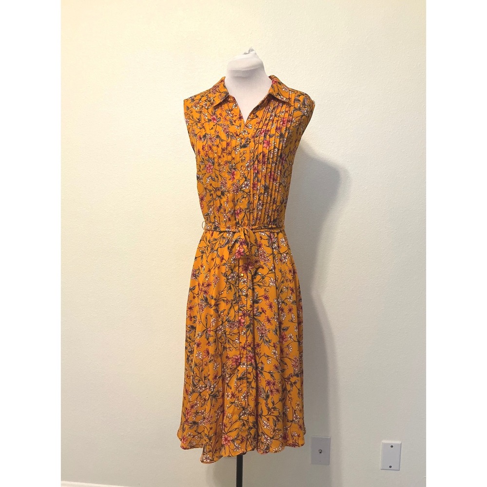 Nanette Nanette Lepore Floral Midi‎ Dress 6 Mustard Yellow Pleated Fit Flare - Picture 8 of 16